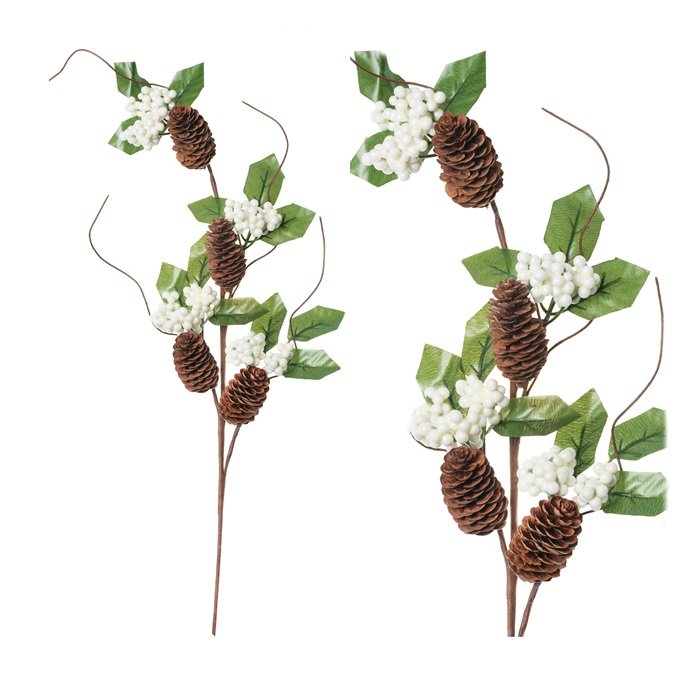 Skrautgrein með hvítum berjum og könglum